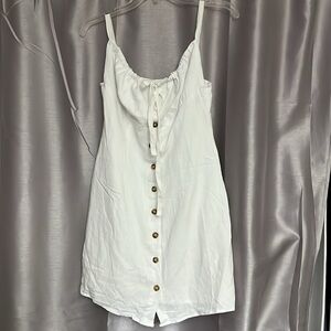Commense white S dress spaghetti strap drawstring tie in front button downlined